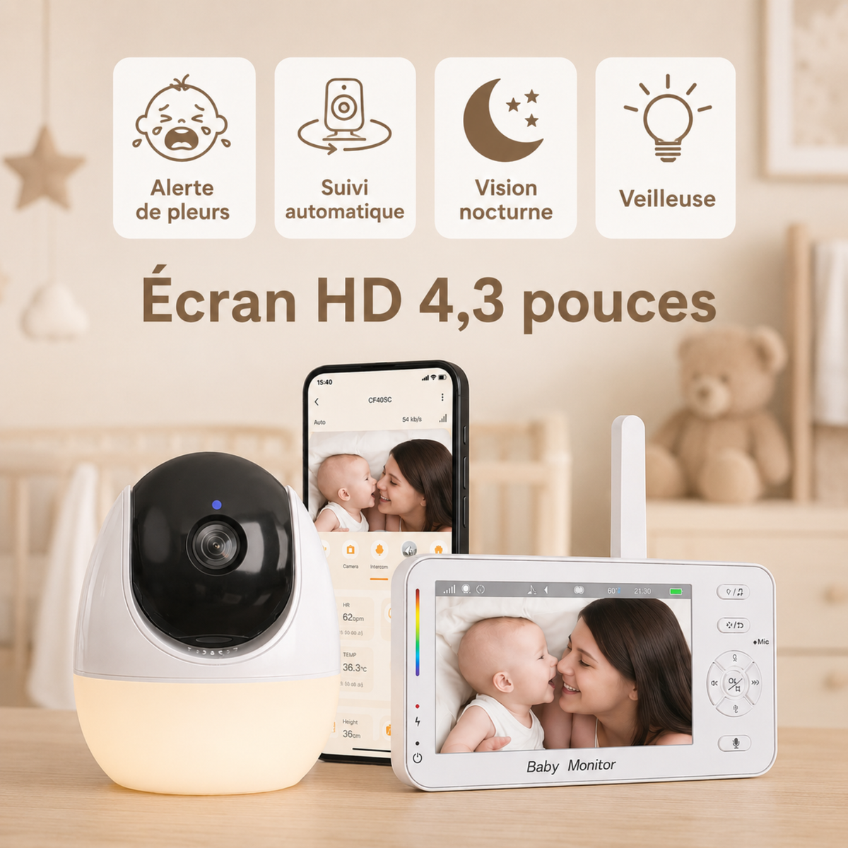 Babyphone vidéo avec écran HD 4,3 pouces