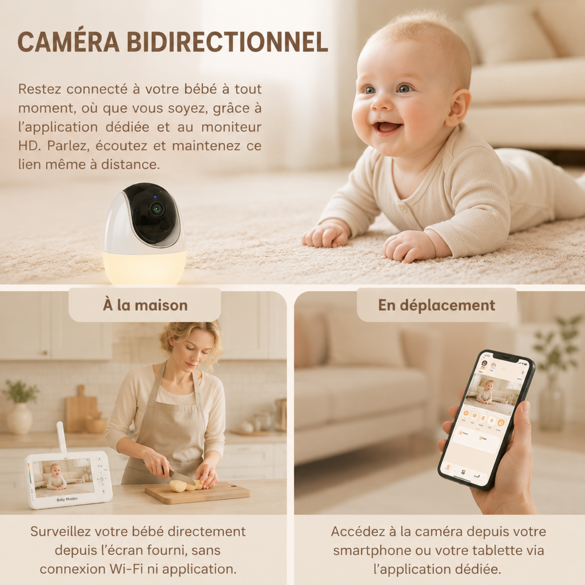 Babyphone vidéo avec écran HD 4,3 pouces
