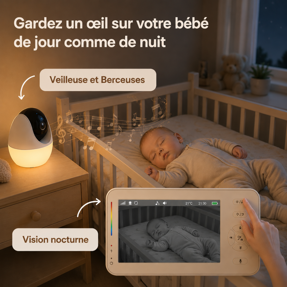 Babyphone vidéo avec écran HD 4,3 pouces