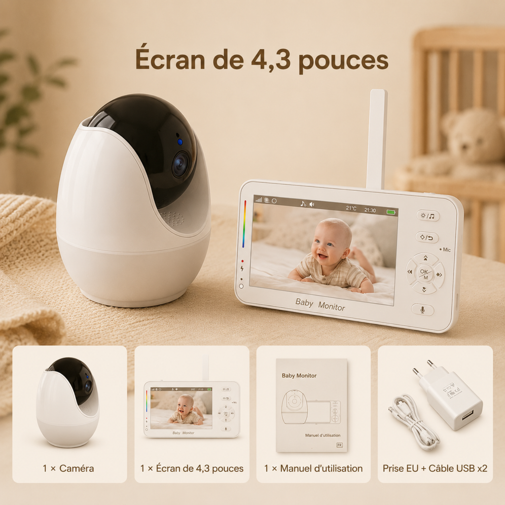 Babyphone vidéo avec écran HD 4,3 pouces