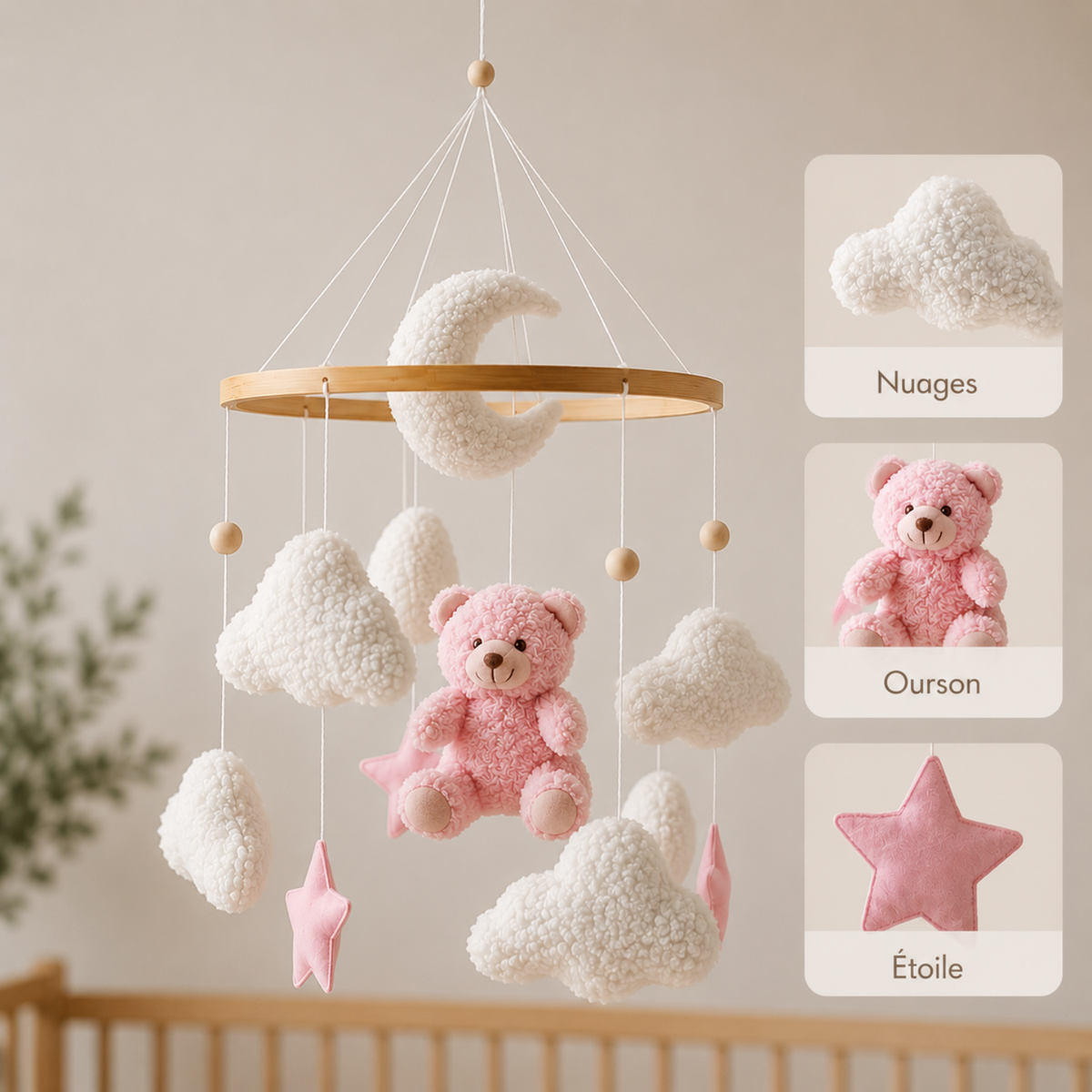 Mobile Bébé Nuage & Ourson Rose